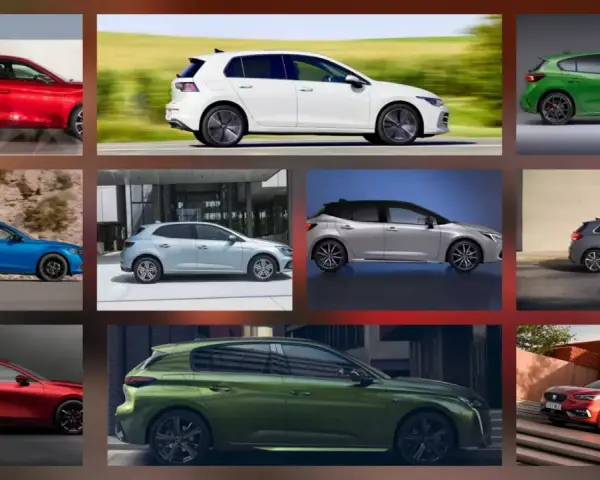 Kompilacja samochodów, w tym biały Volkswagen Golf, niebieski Honda Civic i czerwony Seat Leon. Który z nich jest najbardziej ekonomiczny?