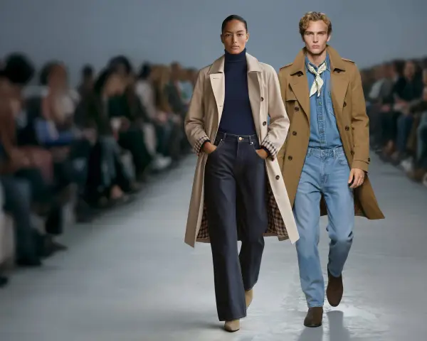 Modelka i model prezentują stylizacje na pokazie. Klasyczne trencze i jeansy to ponadczasowa moda 2026.