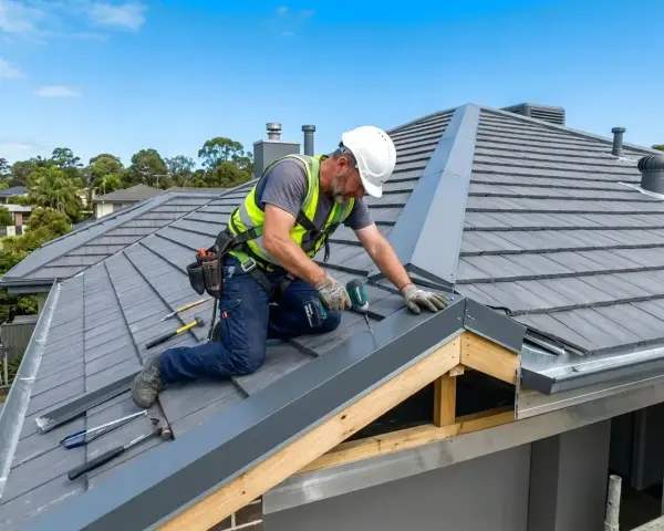 Fachowiec w kasku i kamizelce wykonuje obróbkę blacharską dachu, przykręcając metalowe elementy.