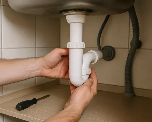 Mains de personne réparant un siphon bouché sous un évier. Un tournevis est posé sur une étagère.