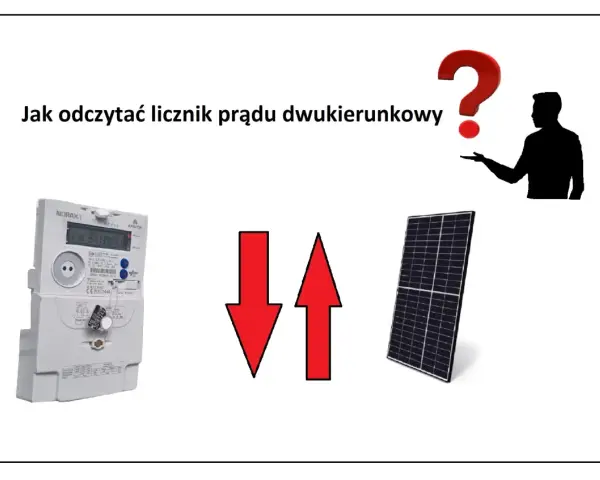 Licznik dwukierunkowy Tauron, panel słoneczny i strzałki pokazujące przepływ energii. Jak odczytać licznik?