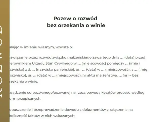 Pozew o rozwód bez orzekania o winie. Dokument zawiera dane potrzebne do ustalenia, czy powód dostaje odpowiedź na pozew.