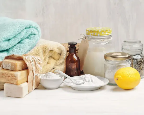 Ingrédients pour une recette lessive maison qui sent bon : savons, bicarbonate de soude, citron, herbes séchées.