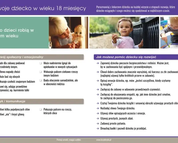 Dziecko 18 miesięczne nie chodzi samodzielnie, ale rozwija się społecznie i emocjonalnie.