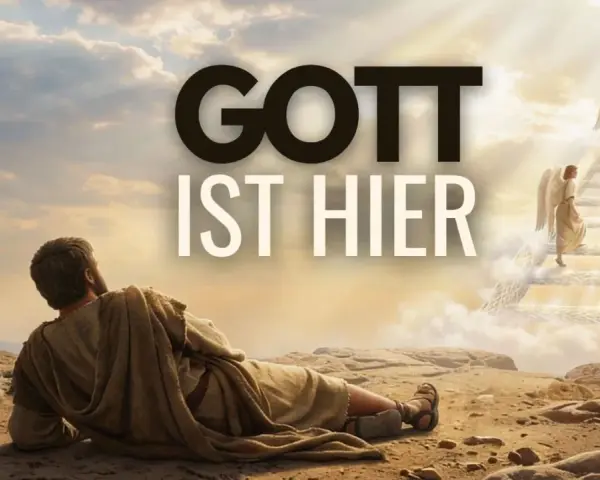 Jakub sieht eine Himmelsleiter mit Engeln, die aufsteigen. Gott ist hier, wie in Genesis 28,15.