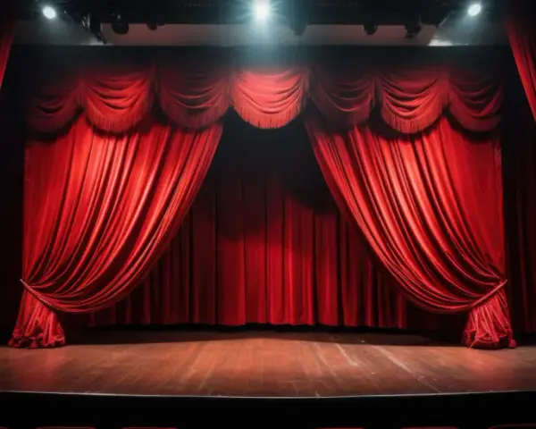 Czerwone, aksamitne zasłony w teatrze, gotowe do odsłonięcia sceny. Podłoga lśni, a światła z góry oświetlają pustą przestrzeń, czekającą na spektakl.