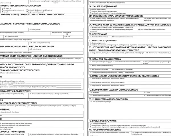 Karta diagnostyki i leczenia onkologicznego zawiera dane pacjenta, rozpoznanie, plan leczenia i dalsze postępowanie.