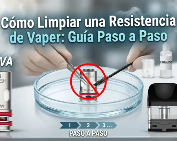 Guía para limpiar resistencia vape: muestra una resistencia nueva y una sucia, con herramientas para su mantenimiento.