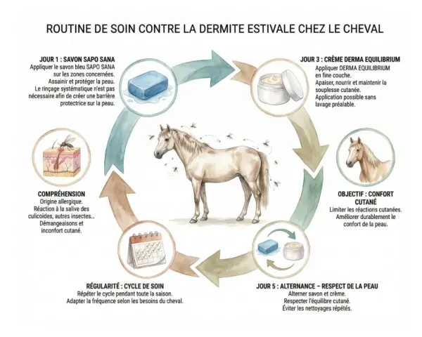 Routine de soin pour la dermite estivale du cheval : comprendre, assainir, apaiser et alterner pour le confort cutané.