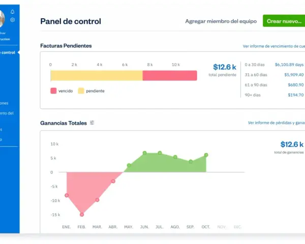 Panel de control de un programa de contabilidad gratis, mostrando facturas pendientes y ganancias totales.