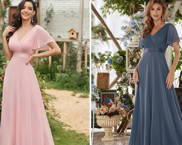 Dos vestidos largos de fiesta, uno rosa y otro azul, perfectos para lucir elegante.