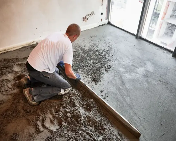 Budowlaniec wyrównuje świeży jastrych cementowy za pomocą łaty.
