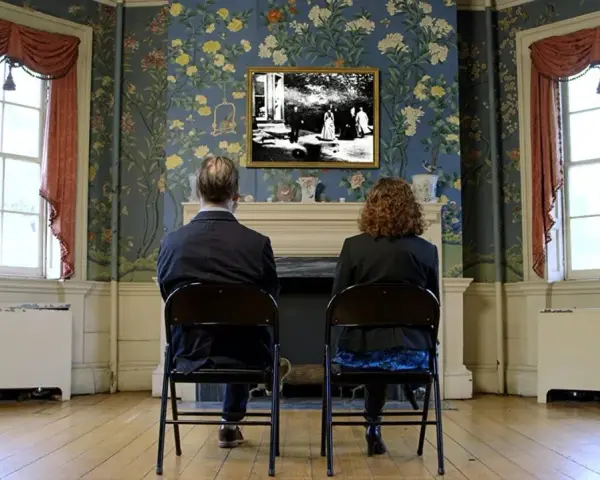 Coppia seduta di spalle, guarda un quadro con una scena di giardino, "Roundhay Garden Scene", su una parete fiorita.
