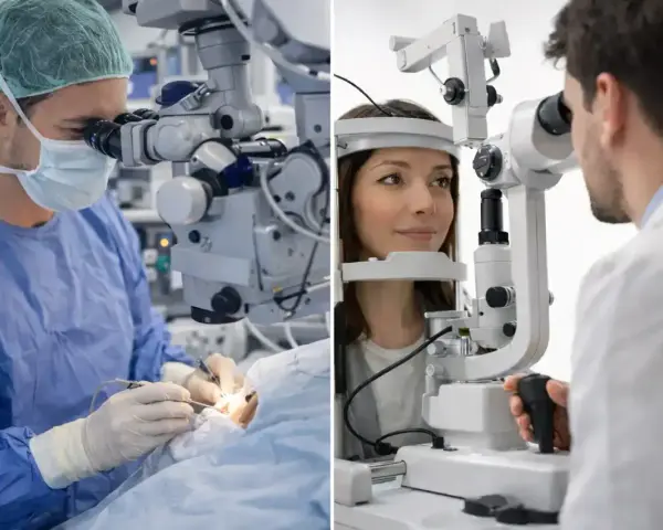 Optometrysta to specjalista od wzroku. Na zdjęciu widzimy go podczas operacji oka i badania wzroku pacjentki.