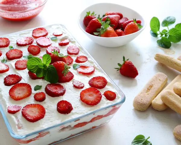 Tiramisu klasyczne kontra tiramisu truskawkowe. Puszysty deser z owocami i biszkoptami, gotowy do podania.