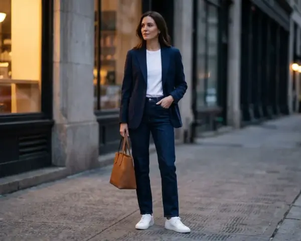 Kobieta w granatowej marynarce i jeansach, z brązową torbą, prezentuje styl semi formal na ulicy.