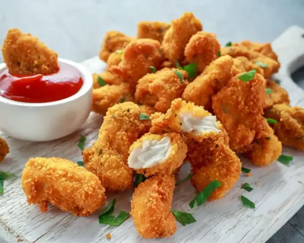 Chrupiące kawałki filet z kurczaka panierowany, jeden zanurzony w keczupie, na desce z ziołami.