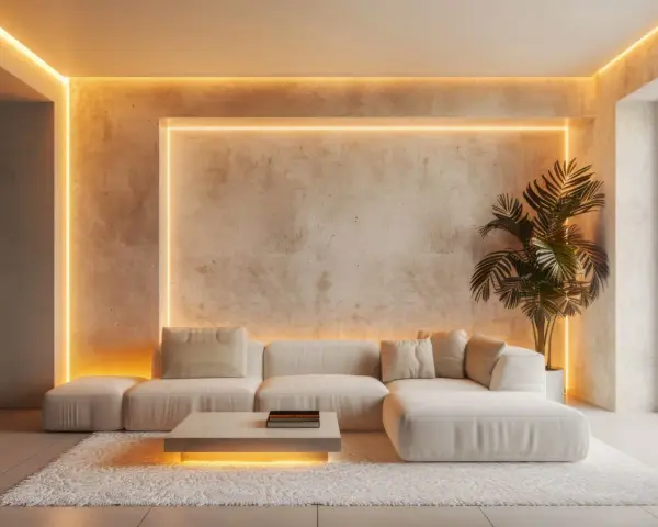 Sofá blanco y alfombra mullida, en un salón moderno con las últimas tendencias en iluminación, creando un ambiente cálido y acogedor.