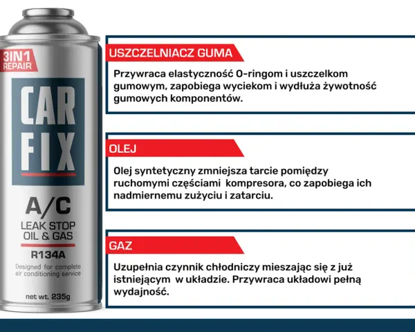 Olej syntetyczny do klimatyzacji R134a. Zmniejsza tarcie w kompresorze, zapobiegając jego zużyciu.