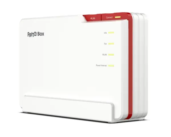 Biały router FRITZ!Box z czerwonymi akcentami, z zapalonymi diodami sygnalizującymi status, w tym qos.