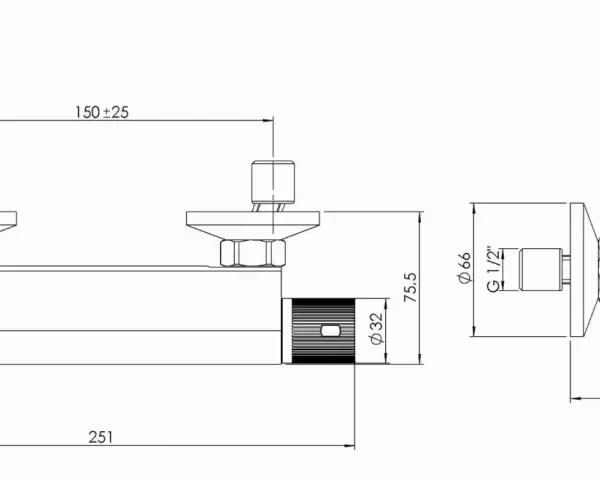 Schemat baterii prysznicowej MB155. Pokazuje rozstaw baterii prysznicowej 150 mm, wymiary przyłączeń G 1/2" i średnicę 66 mm.