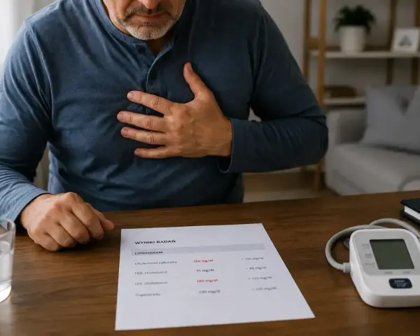 Mężczyzna z ręką na klatce piersiowej patrzy na wyniki lipidogramu, gdzie widać podwyższony cholesterol. Może to być sygnał do rozważenia suplementu Suvardio Plus.