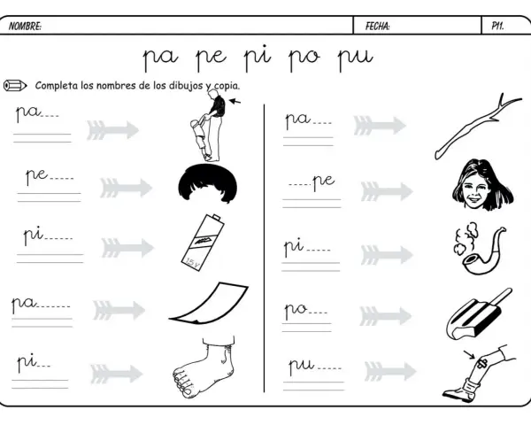 Fichas letra p: une sílabas con dibujos. Incluye "pa", "pe", "pi", "po", "pu".