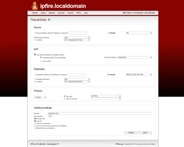 Firewall rules configuration screen showing NAT settings, destination, and protocol options. This interface allows users to manage dynatrace ports and network traffic.