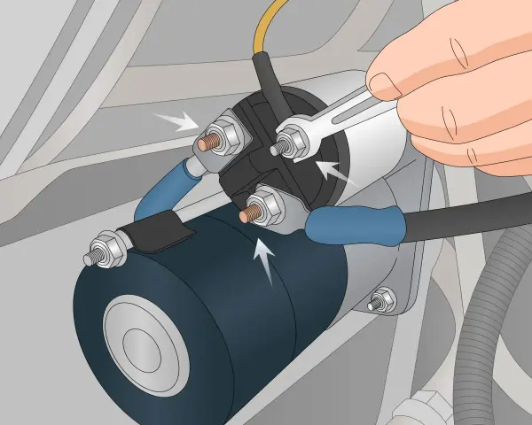 A hand uses a wrench to tighten a bolt on a car's starter solenoid. This could be a fix for bad solenoid symptoms like clicking sounds or a no-start condition.