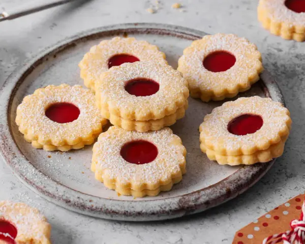 Ein Teller voller **die besten Spitzbuben der Welt**, bestäubt mit Puderzucker, mit leuchtend roter Marmeladenfüllung.