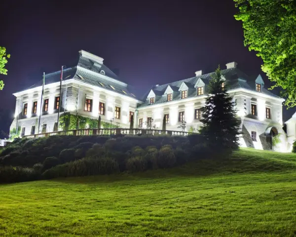 Elegancki hotel w lesie nocą, oświetlony blaskiem okien i zewnętrznych lamp. Otoczony zielenią, zaprasza do odpoczynku.