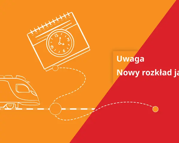 Uwaga! Nowy rozkład jazdy PKP na trasie Warszawa Olsztyn. Pociąg i kalendarz z zegarem symbolizują zmianę.