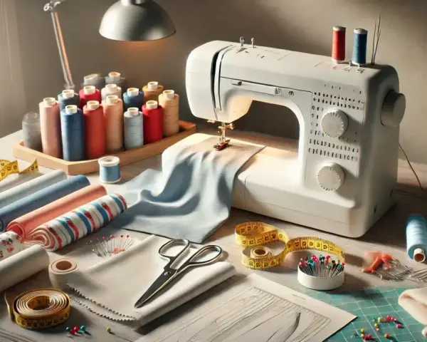 Machine à coudre, fils colorés, tissus et ciseaux prêts pour coudre ses vêtements.