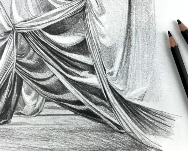 Dessin au crayon de **modèles de drapés en peinture**, montrant des plis et des ombres réalistes. Trois crayons noirs sont visibles sur la droite.