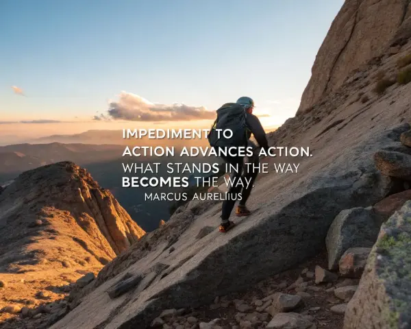 A climber ascends a rocky mountain, proving the obstacle is the path. Sunset paints the sky.