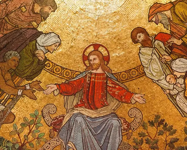 Jezus w otoczeniu ludzi, w tym niewierny Tomasz, który wyciąga rękę do jego boku.