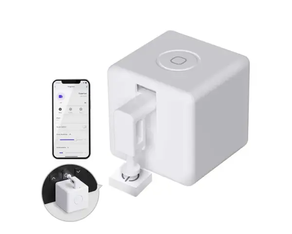 A white cube-shaped device with a robotic arm, paired with a smartphone app, showcasing cool IoT devices for smart home automation.