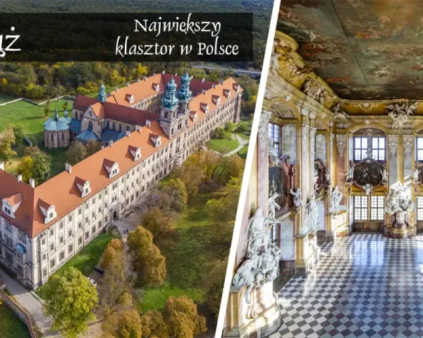Majestatyczny lubiąż klasztor z lotu ptaka i jego bogato zdobione wnętrze z malowidłami na suficie.