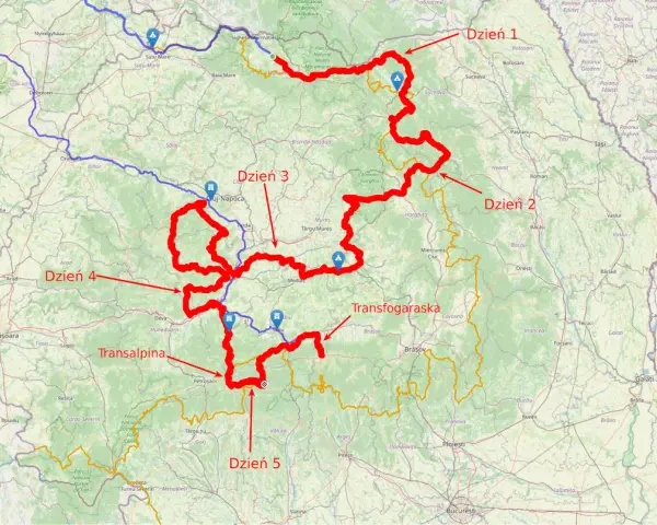 Trasa podróży po Rumunii: Dzień 1, Dzień 2, Dzień 3, Dzień 4 i Dzień 5. Widoczne drogi Transalpina i Transfogaraska.