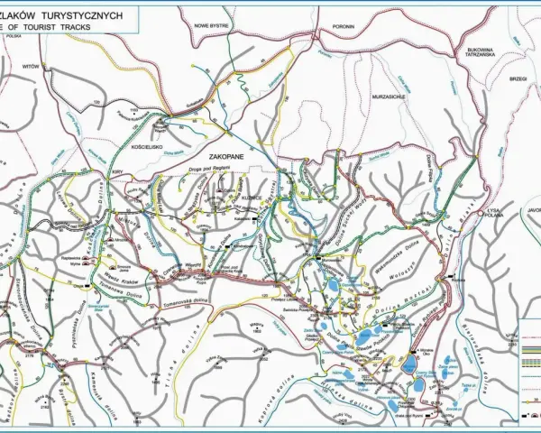 Mapa szlaków turystycznych Zakopane i okolice. Obejmuje Tatry Polskie i Słowackie, z zaznaczonymi trasami pieszymi, narciarskimi i rowerowymi.