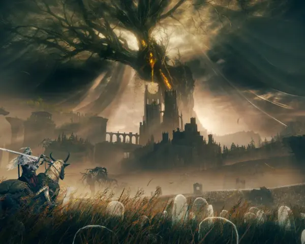Un caballero en montura avanza por un campo de tumbas hacia un castillo sombrío bajo un árbol retorcido. El mundo de Elden Ring: Shadow of the Erdtree se revela.