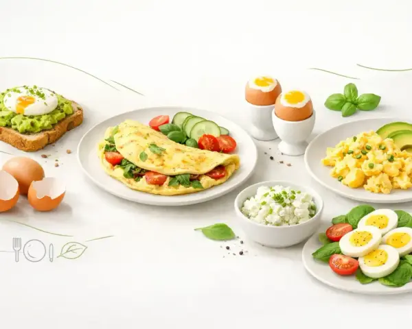 Pyszne śniadanie z jajek: jajecznica, omlet, jajka na miękko, jajko sadzone na grzance z awokado i twarożek.