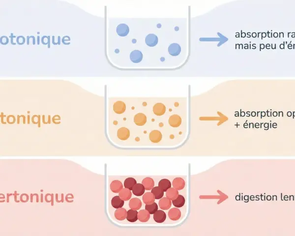 Comparaison des boissons : hypotonique (rapide, peu d'énergie), isotonique (optimale, énergie) et hypertonique (digestion lente). Attention à la boisson isotonique mal choisie.