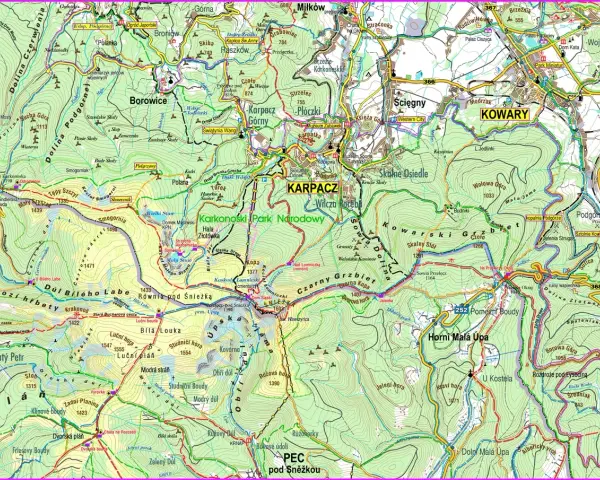 Mapa turystyczna Karkonoszy, pokazująca szlaki, schroniska i szczyty. Widać tu Karpacz, Kowary i Śnieżkę, gdzie leżą Karkonosze.