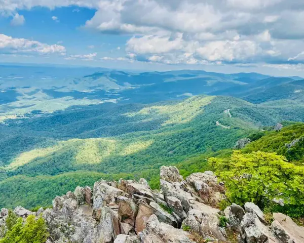 Scenic mountain vista, perfect for day trips from Richmond VA. A winding road snakes through lush green hills under a bright, cloudy sky.