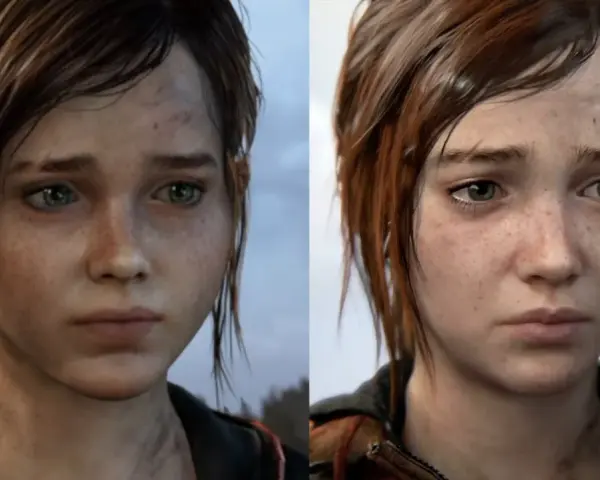Primer plano de the last of us ellie, mostrando su rostro con pecas y ojos verdes. La imagen compara dos versiones del personaje.