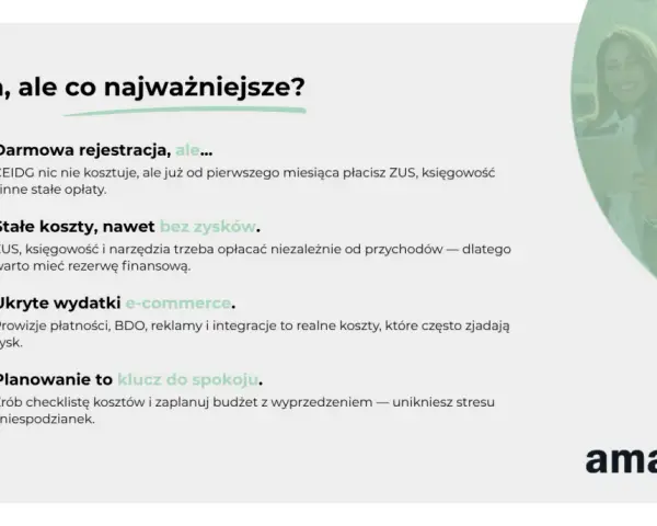 Dobra, ale co najważniejsze? ZUS, księgowość i narzędzia trzeba opłacać niezależnie od przychodów. Zaplanuj budżet, by uniknąć stresu.