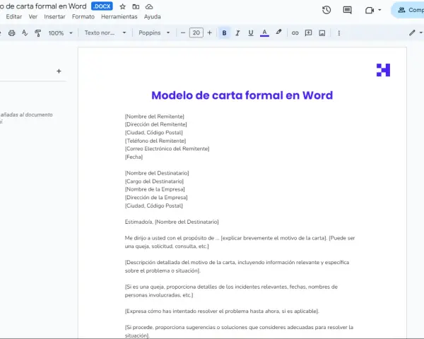 Plantilla de encabezamiento de carta formal en Word, con campos para remitente, destinatario y cuerpo del mensaje.