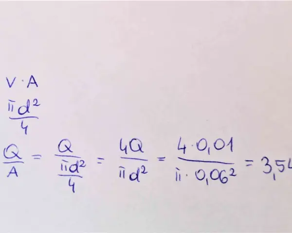 Wzory pokazują, jak obliczyć przepływ powietrza przez rurę: Q=V·A, A=πd²/4, V=Q/A. Obliczenia pokazują wynik 3,54 m/s.