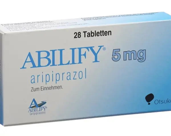 Opakowanie leku Abilify 5 mg zawierające aripiprazol, 28 tabletek do przyjmowania.